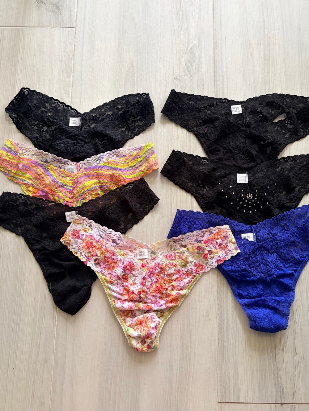 Hanky Panky Lace Thong Set in Black, Royal Blue, Floral & Multicolor 7 pair $99